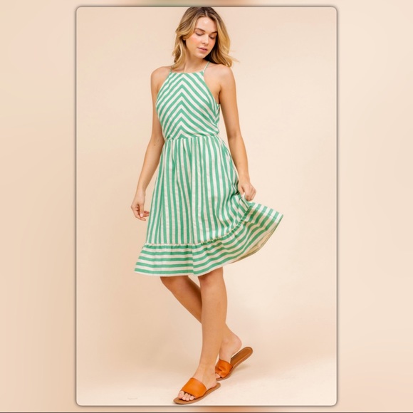 Green and White Striped Open Back Dress - Picture 3 of 7